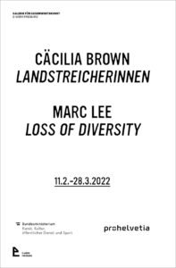 Black letters on white page: Cäcilia Brown: Landstreicherinnen, Marc Lee: Loss of Diversity