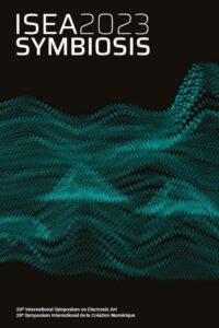 Black background with green wavy-jagged lines and white lettering: ISEA2023 SYMBIOSIS