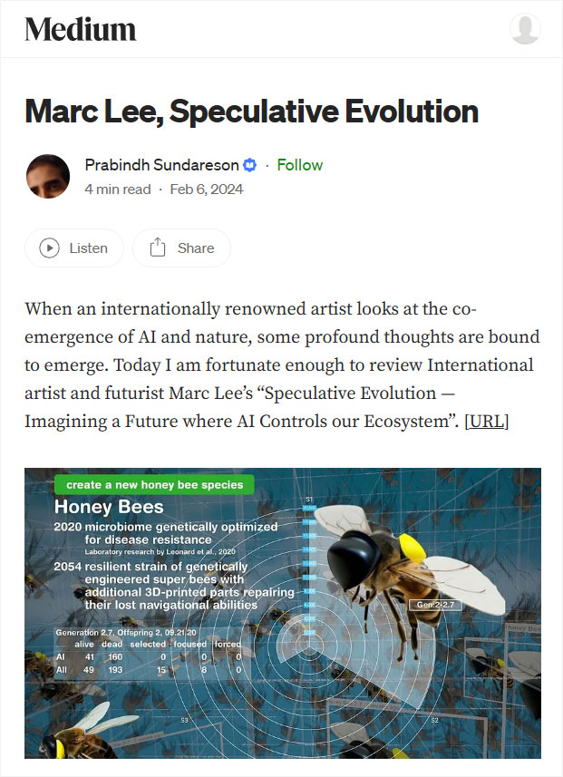 Article on medium.com by Prabindh Sundareson about Marc Lee's, Speculative Evolution