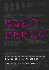 Black cover, background with code fragments and written OPEN CODES in pink colour